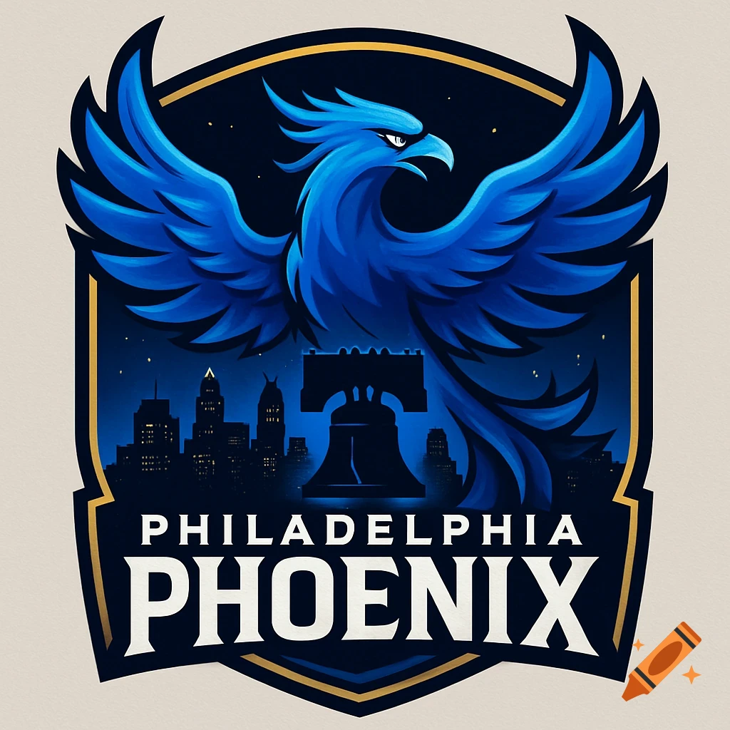 A blue phoenix logo in a crest shape, with the Philadelphia skyline, Liberty Bell, and "PHILADELPHIA PHOENIX" text.