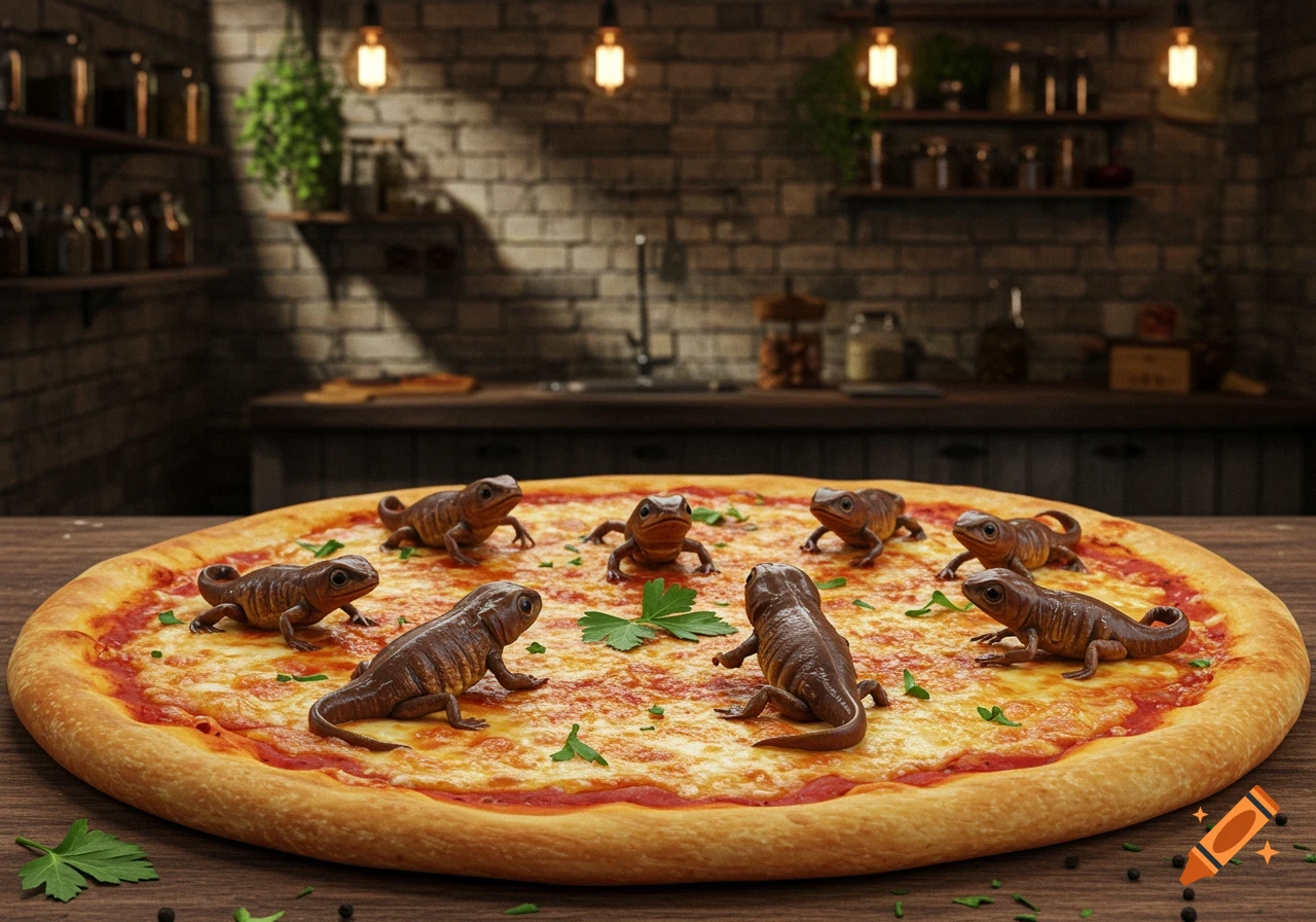 A cheesy pizza topped with numerous small, brown newts or lizards on a wooden table in a rustic kitchen.