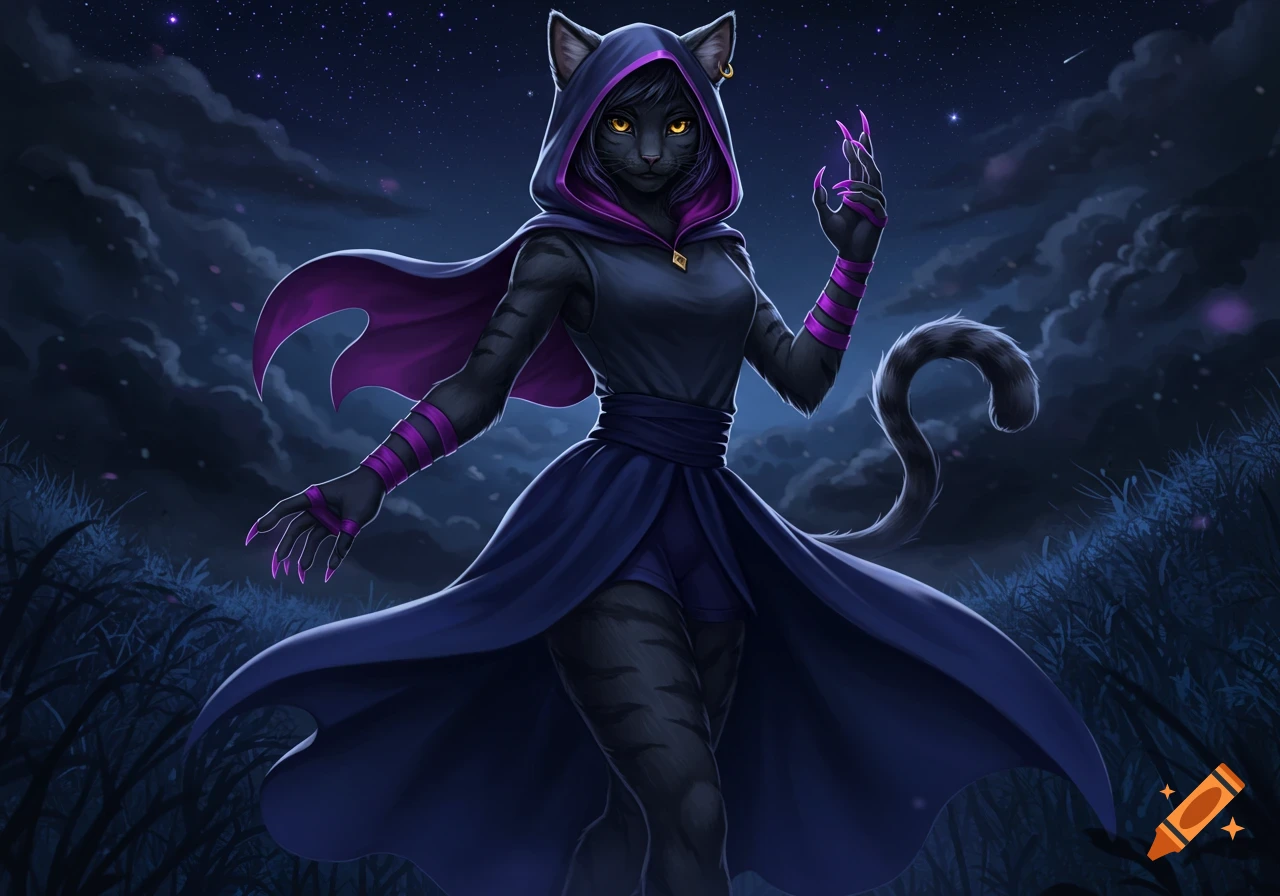 A female cat-human character with black fur, purple stripes, yellow eyes, and purple claws, wearing a midnight blue hooded cloak, stands in a mystical nighttime landscape under a starry sky.