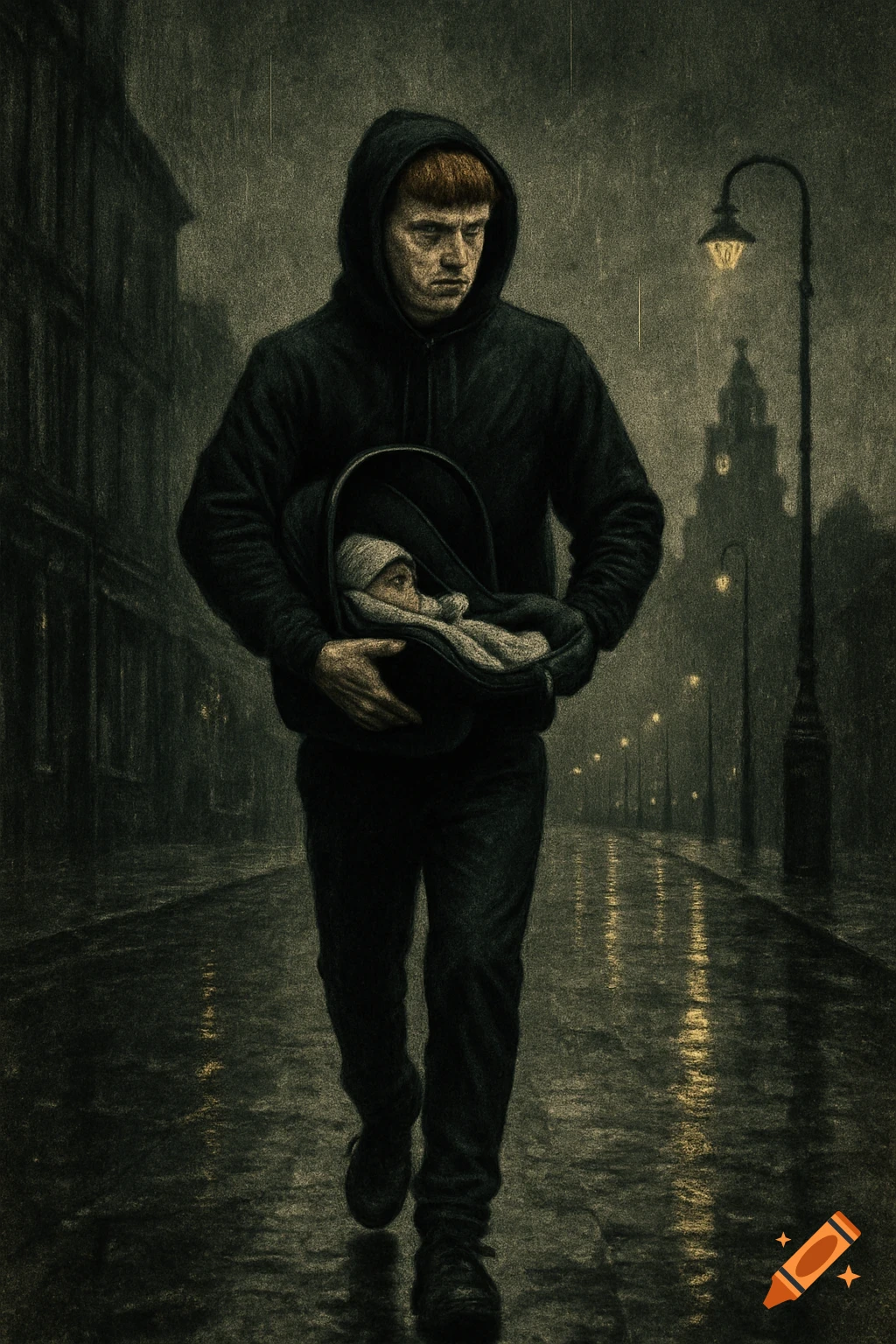 A red-haired man in a black hoodie walks down a dark, rainy street at night, carrying a baby in a carrier. The street is wet and reflects the light from a distant lamppost.
