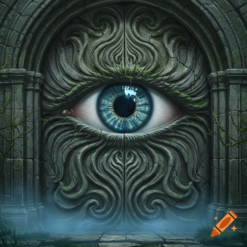 A mystical, ornate stone door with a large blue eye carved into its center, surrounded by swirling patterns.