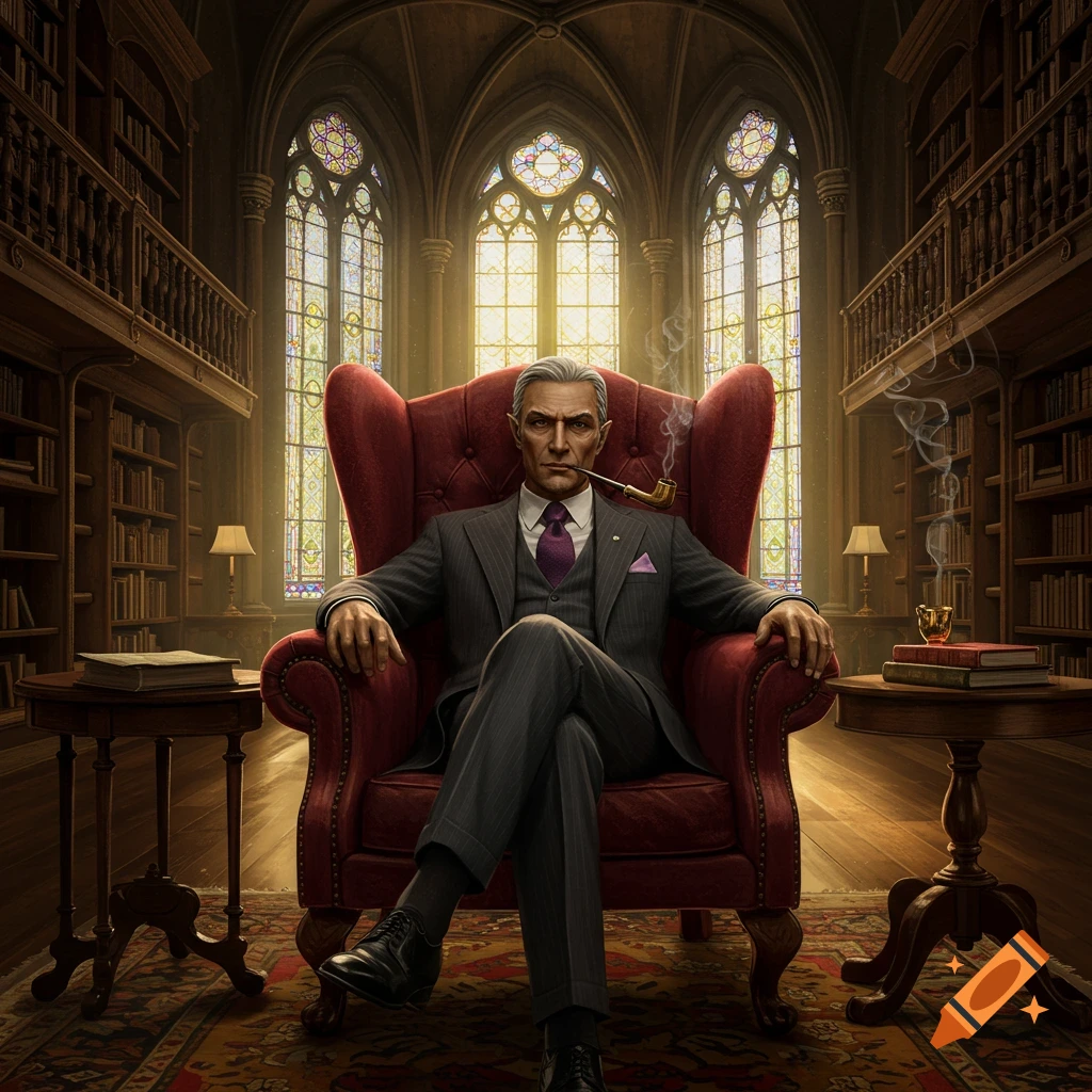 A distinguished man with gray hair in a pinstripe suit sits in a red armchair, smoking a pipe in a grand gothic library.