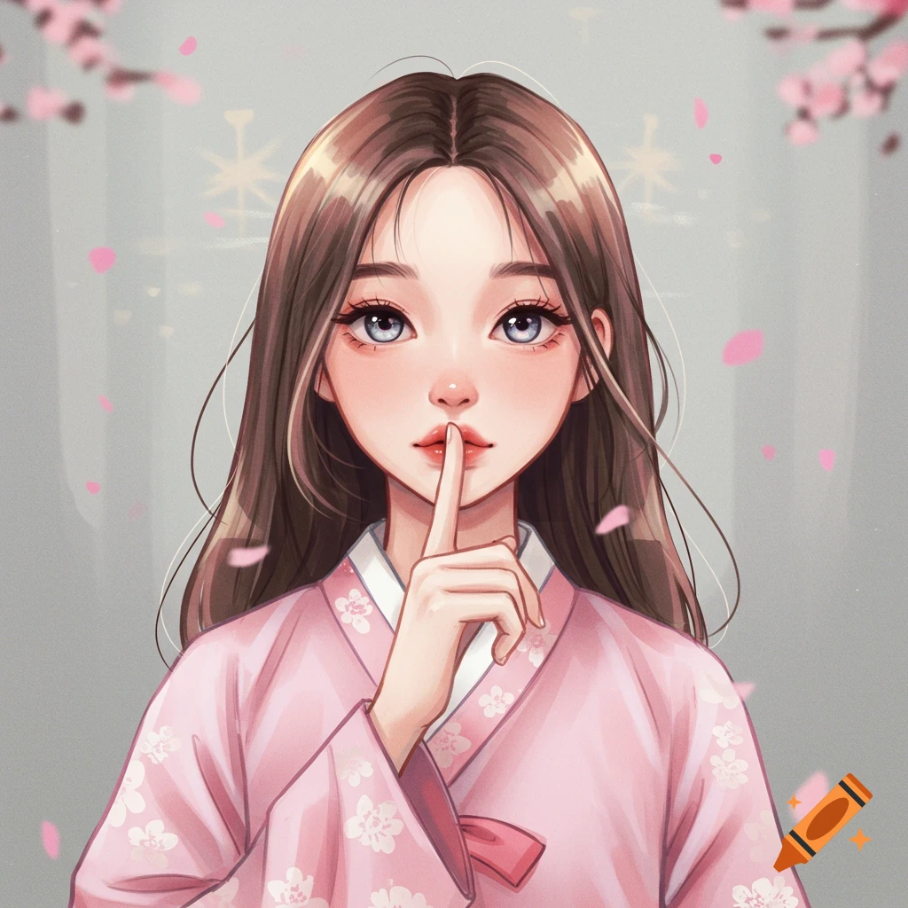 A cartoon girl in a pink hanbok with floral patterns holds a finger to her lips in a 'shhh' gesture, with cherry blossoms in the background.