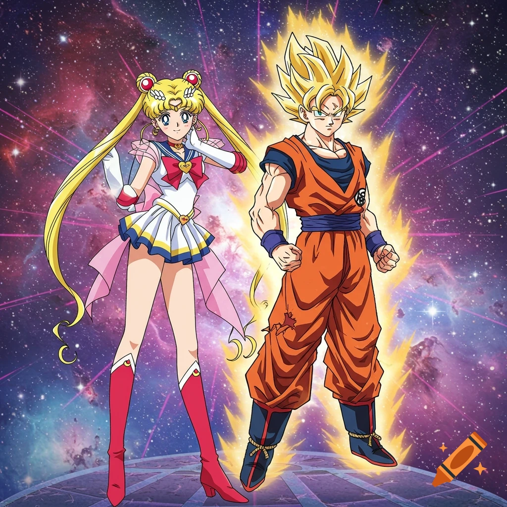 Sailor Moon and Super Saiyan Goku stand side-by-side against a vibrant cosmic backdrop in an anime style.