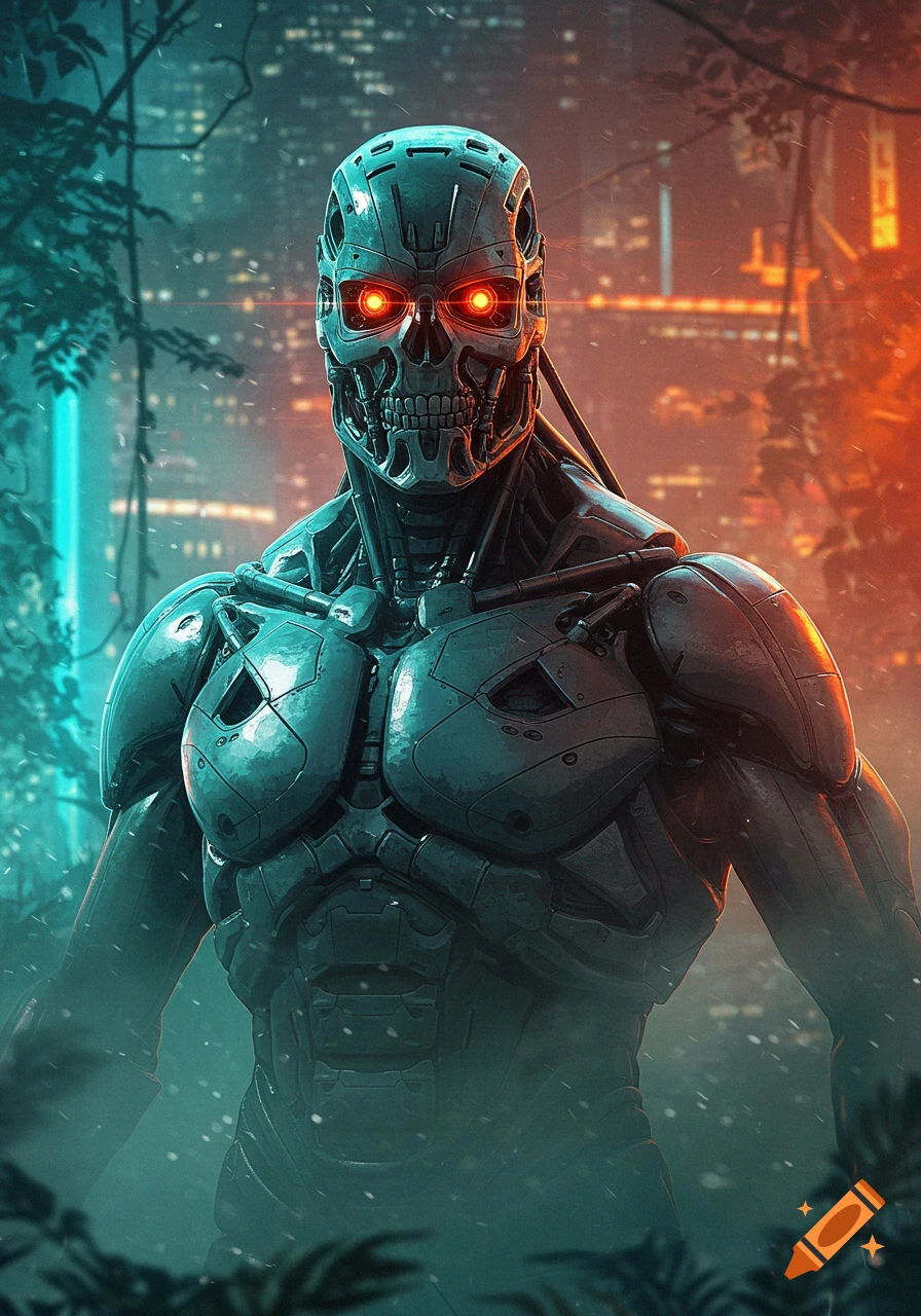 A metallic cyborg with glowing red eyes stands in a futuristic city bathed in blue and orange light, resembling a Terminator.