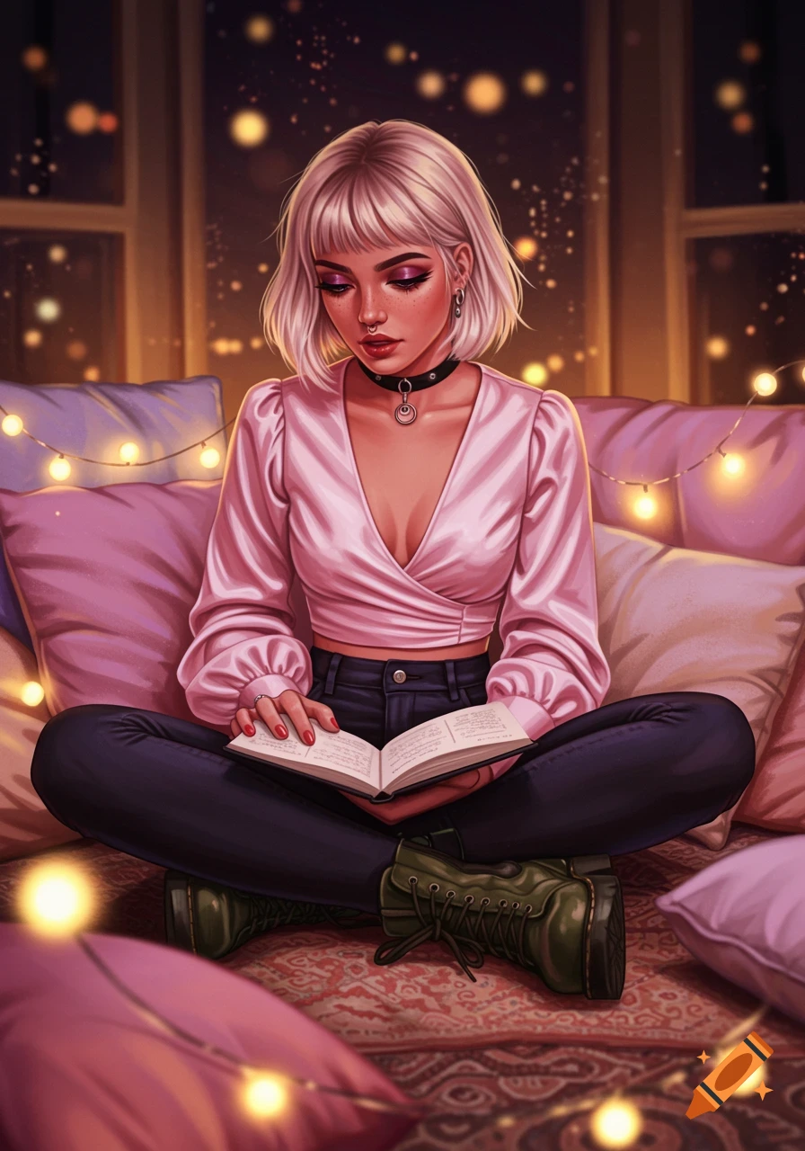 An illustrated portrait of a young woman with blonde bobbed hair wearing a pink satin crop top and army boots, sitting cross-legged and reading a book in a cozy room with string lights.