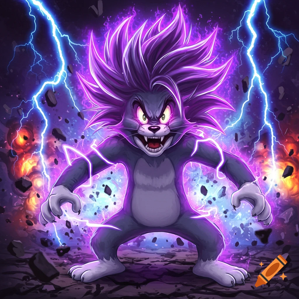 Tom the cat, transformed with spiky purple hair and glowing eyes, stands powerfully amidst blue lightning and fiery explosions.