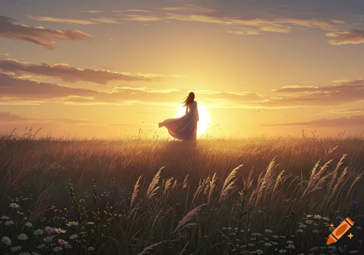 A woman in a flowing dress stands in a vast field, silhouetted against a brilliant orange sunset.