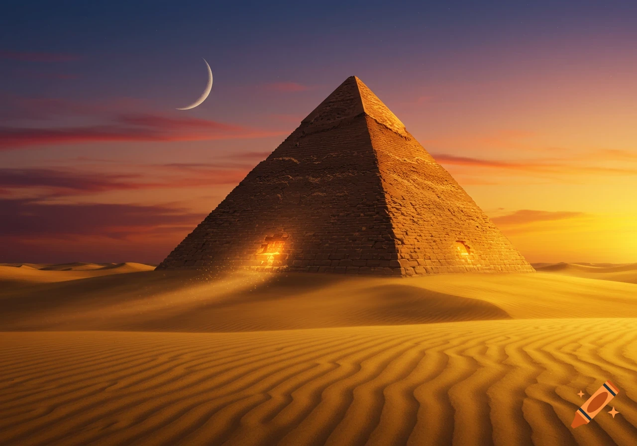 A pyramid with glowing windows stands in a vast desert landscape under a twilight sky with a crescent moon.