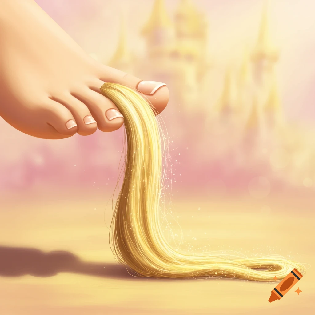 A cartoon foot with long, golden Rapunzel-like hair cascading down, with a blurred castle in the background.