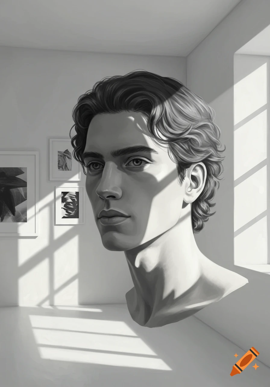 A grayscale portrait of a man's head and shoulders, resembling a bust, in a bright room with window shadows on the wall.