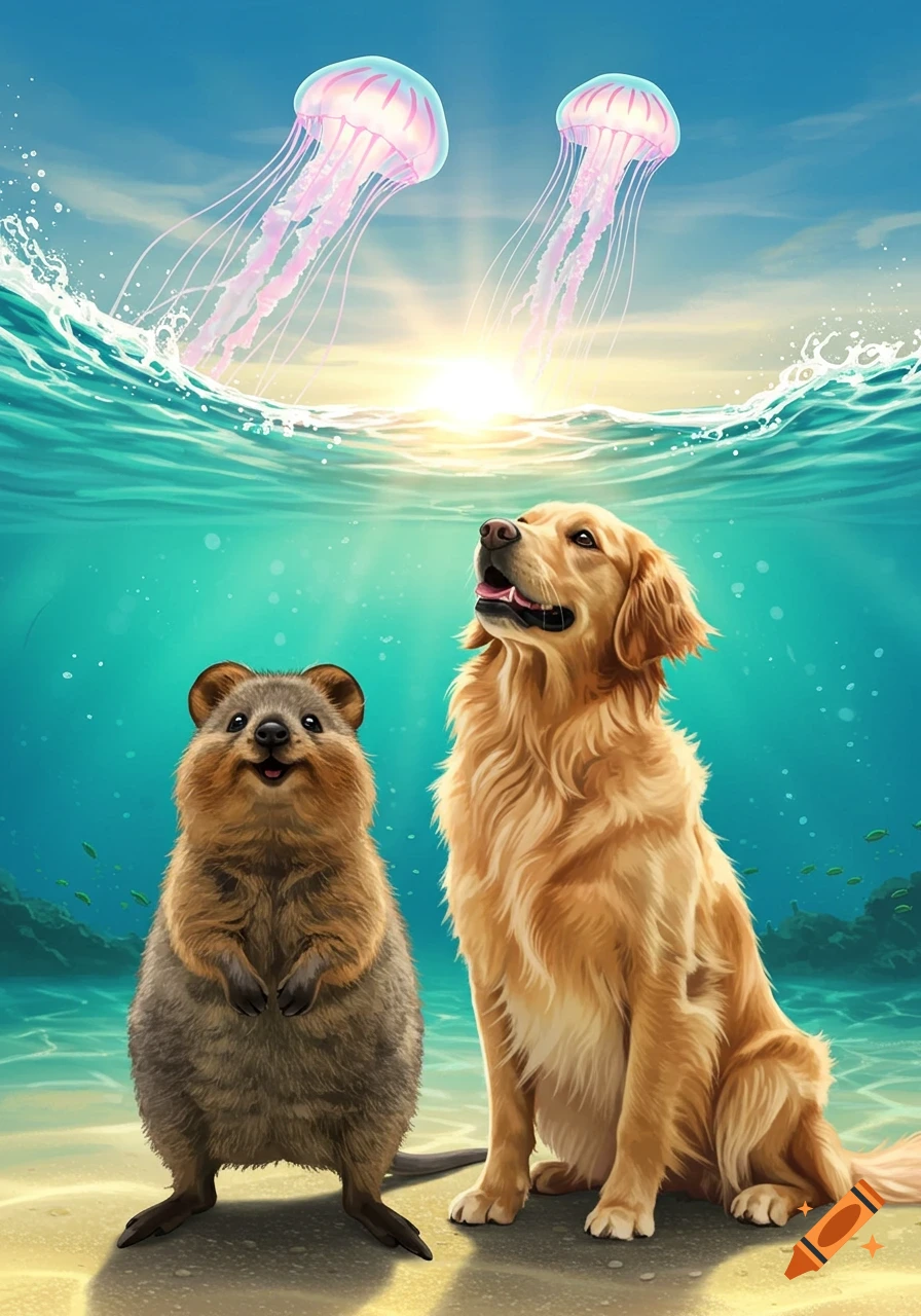 A happy quokka and a golden retriever sit on the sandy ocean floor, looking up at two jellyfish and the bright sun shining through the water.
