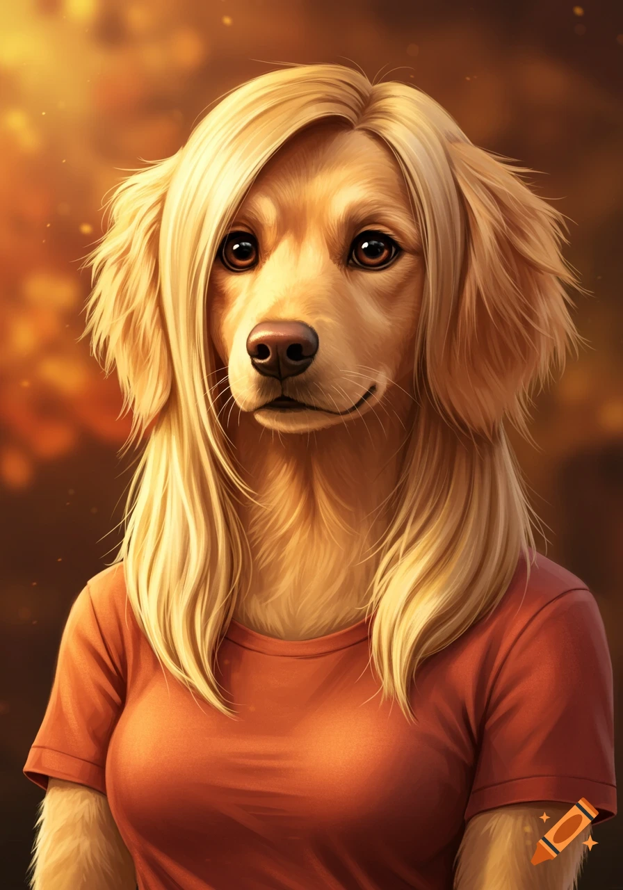 A detailed portrait of an anthropomorphic golden retriever female with long blonde hair and a rust-colored t-shirt.