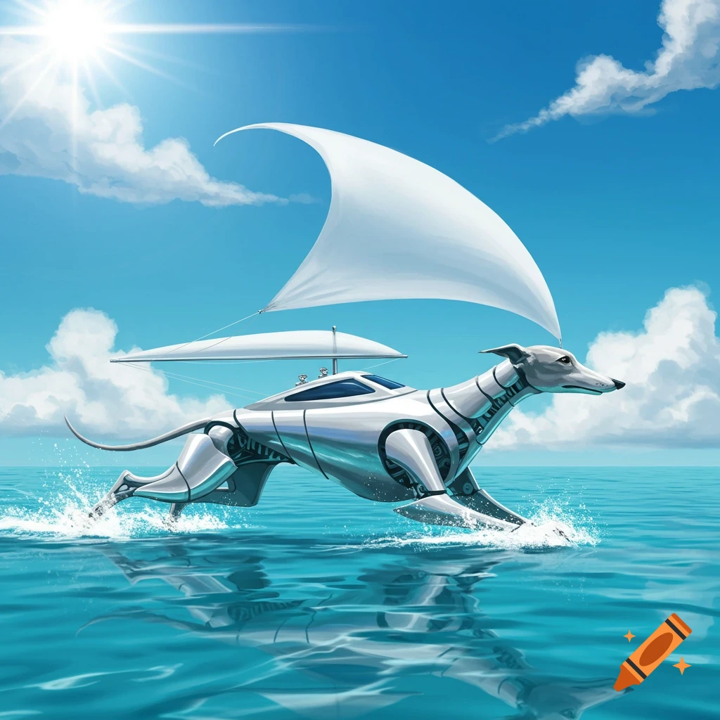 A futuristic robotic greyhound-like dog with sails on its back runs across a blue ocean under a bright sunny sky.