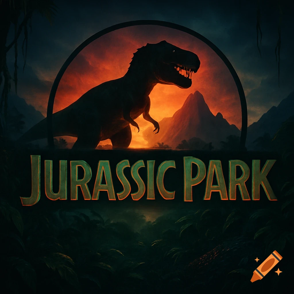 Jurassic Park logo featuring a T-Rex silhouette inside a circle, set against an orange sunset and jungle landscape.