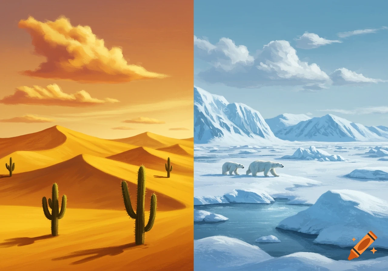 Split image of a desert landscape with cacti on the left and an arctic scene with polar bears and ice on the right, in a painted style.