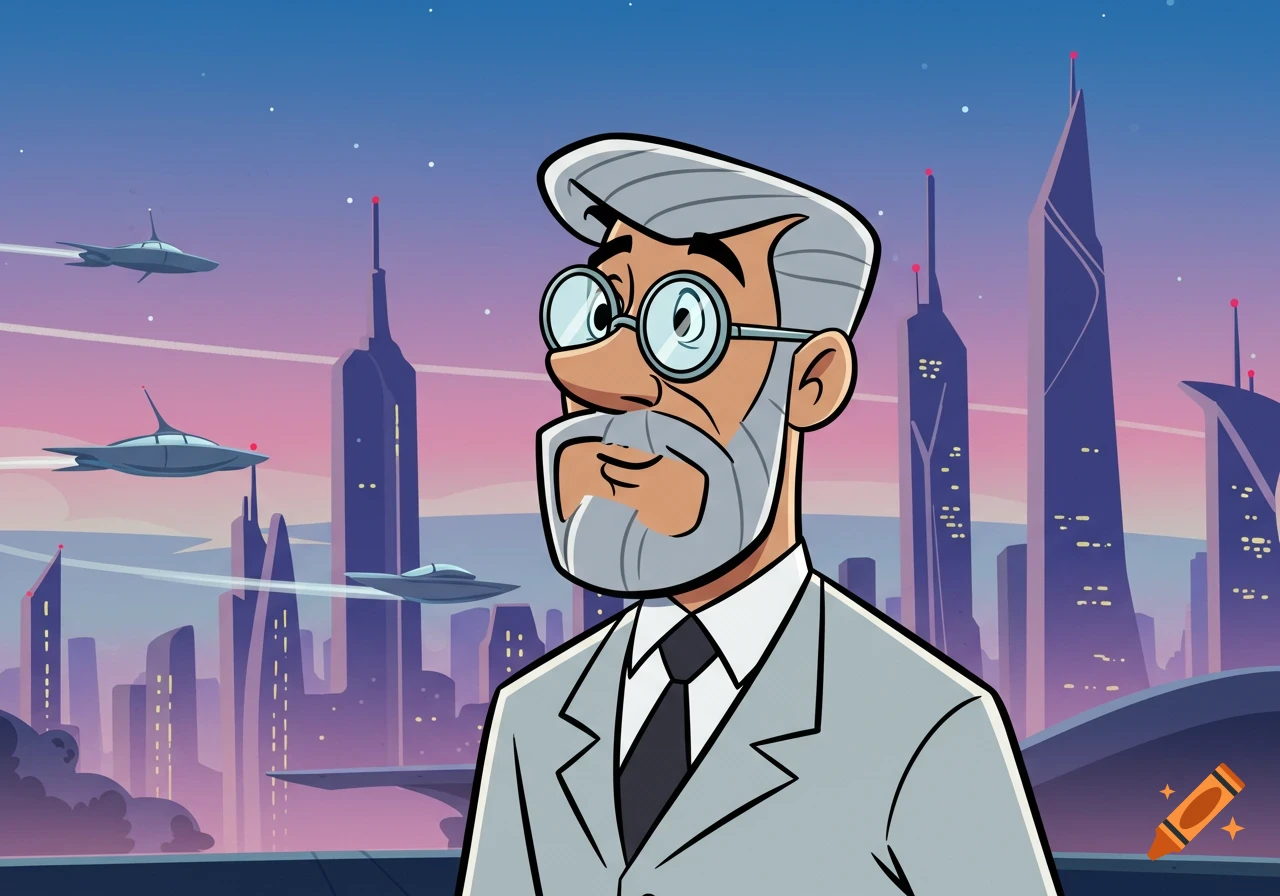 A cartoon man with grey hair and a goatee, wearing glasses and a suit, looks out over a futuristic city with flying cars at sunset.