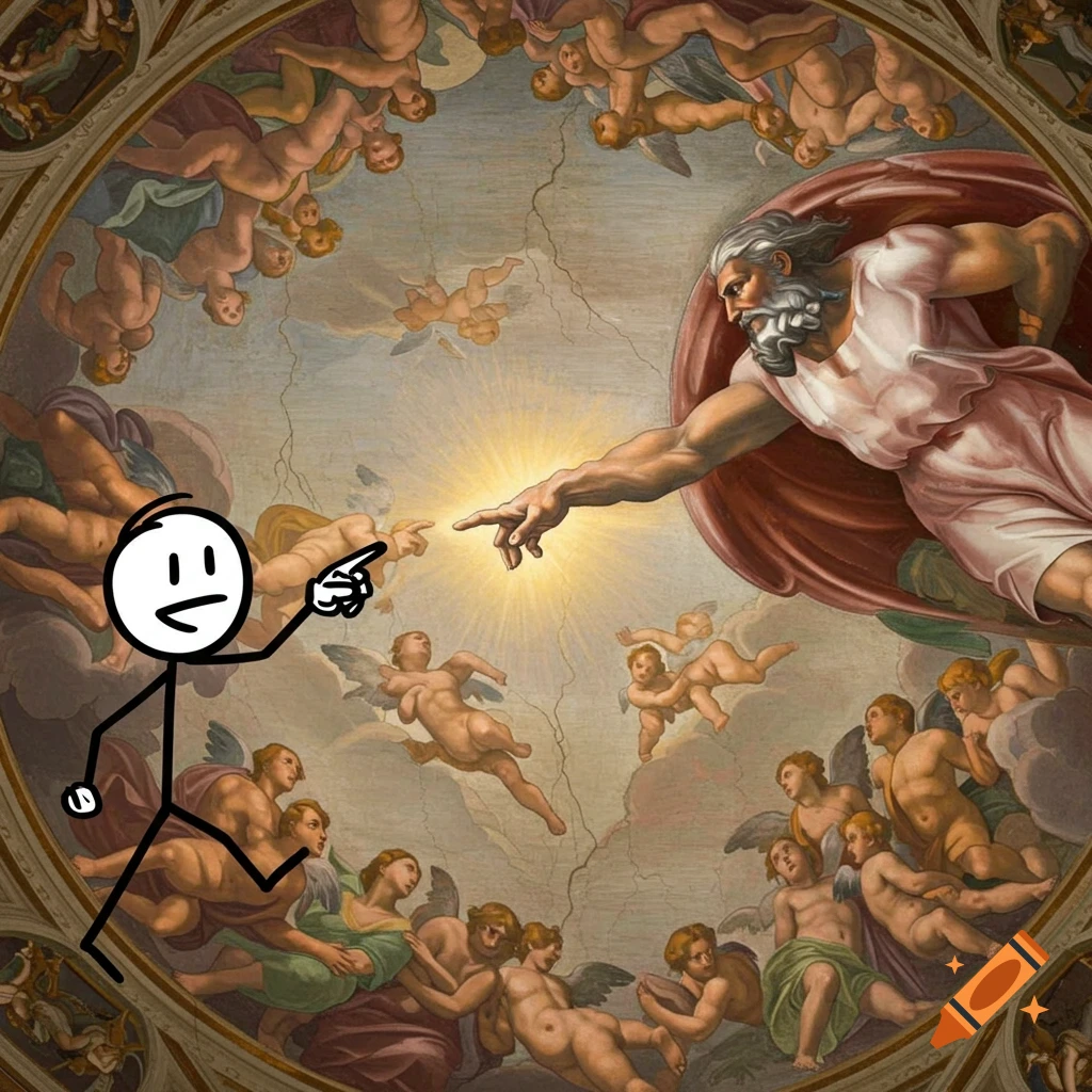 A stick figure pointing its finger at God's hand in Michelangelo's "The Creation of Adam" painting.
