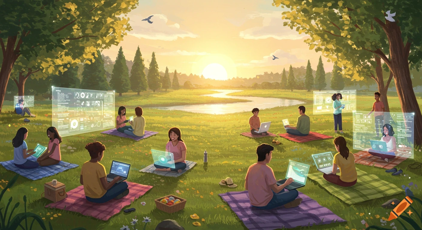 Happy people are sitting on blankets in a grassy field with a river and sunset, using laptops and holographic screens. Stylized.