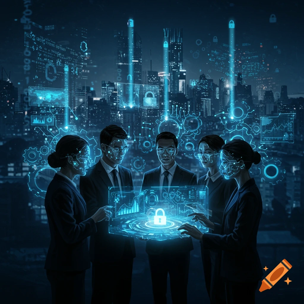 Five business people interact with a glowing holographic cybersecurity display in a futuristic city.