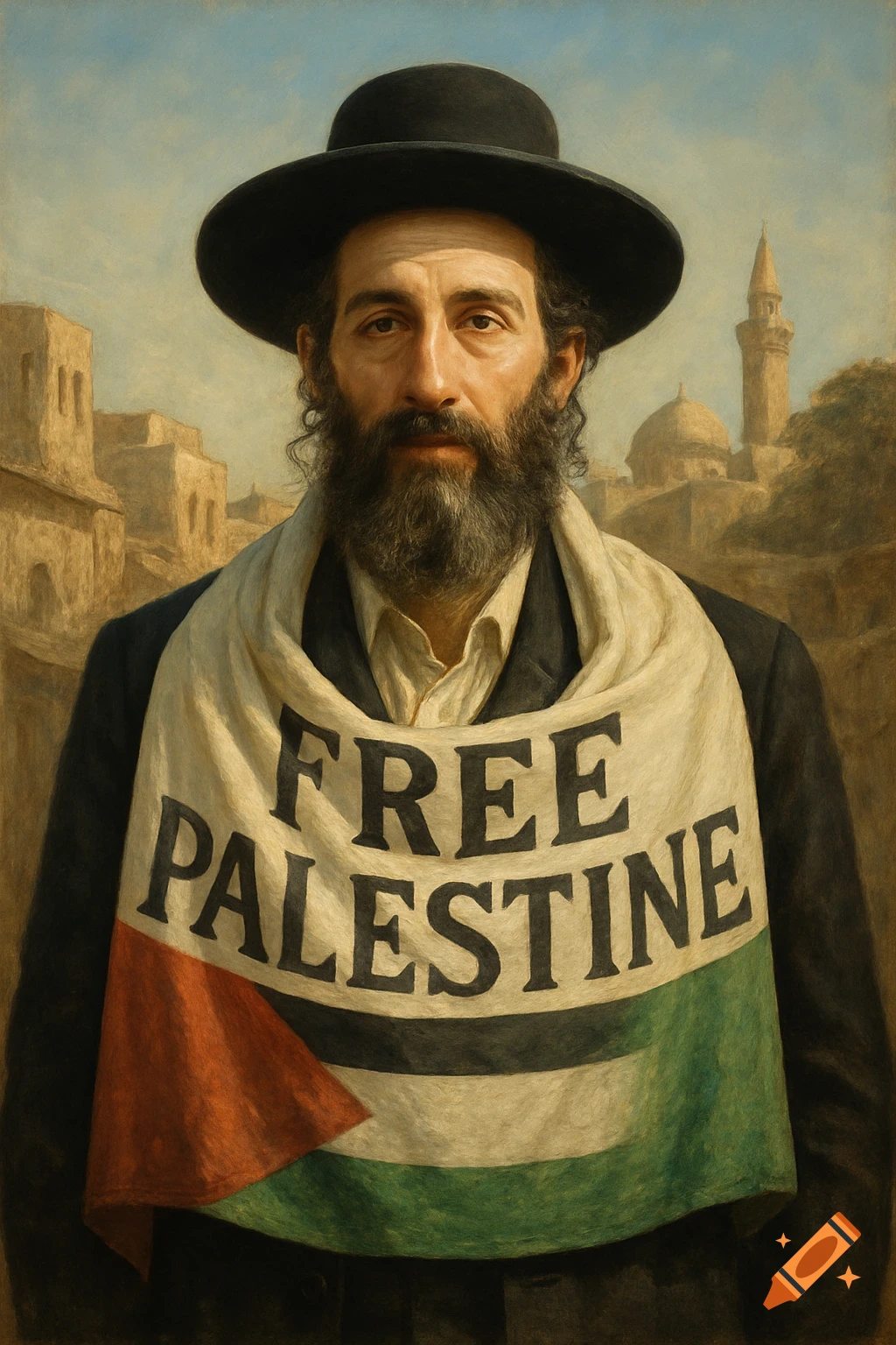 A realistic portrait painting of a bearded man in a hat wearing a banner with "FREE PALESTINE" and the Palestinian flag colors, against an old city background.