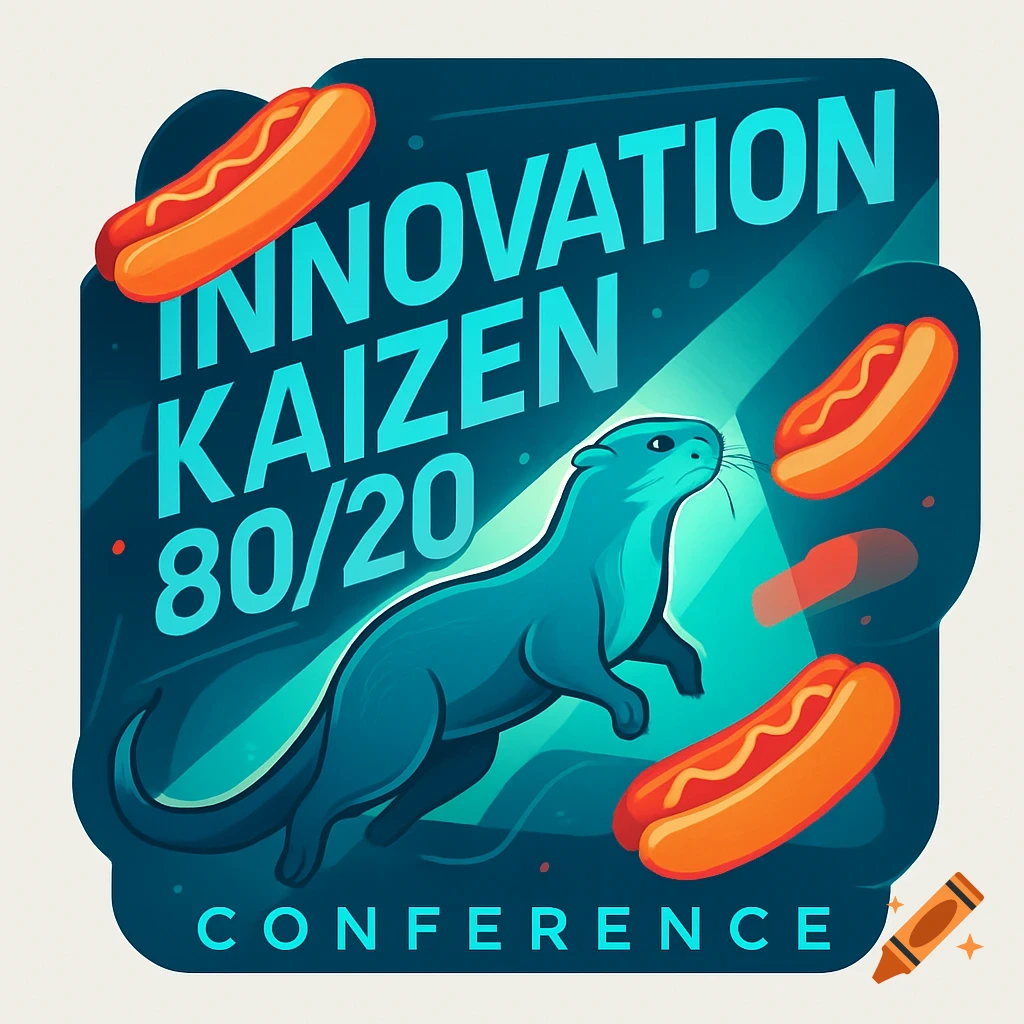 A blue and green logo with an otter and hot dogs, featuring the text 'INNOVATION KAIZEN 80/20 CONFERENCE'.