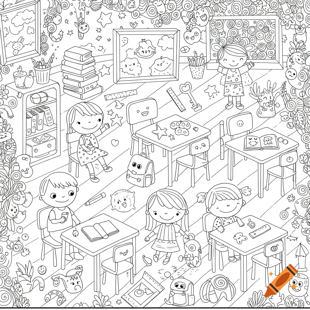 A black and white line art illustration of a hidden object puzzle featuring smiling children in a classroom with desks, books, and school supplies.
