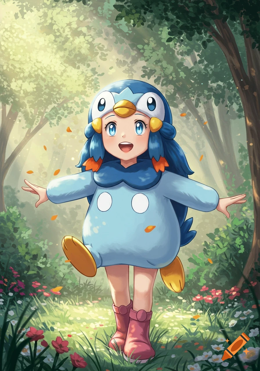 A joyful anime girl, Dawn from Pok 00e9mon, wearing a blue Piplup costume, running through a sunny forest path with flowers.