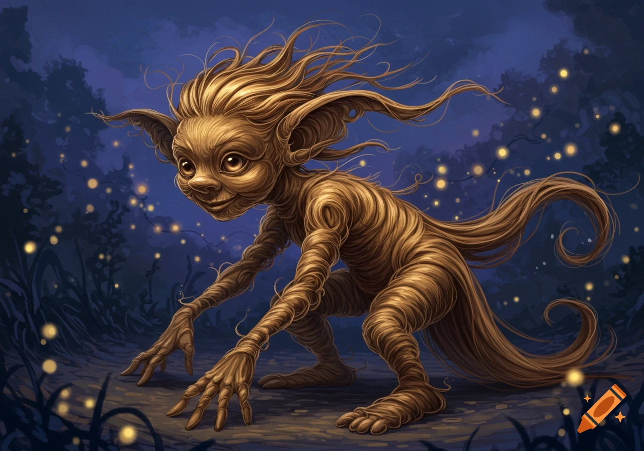 A fantasy creature resembling a goblin made of tangled roots or hair, crouching in a dark forest illuminated by glowing fireflies.