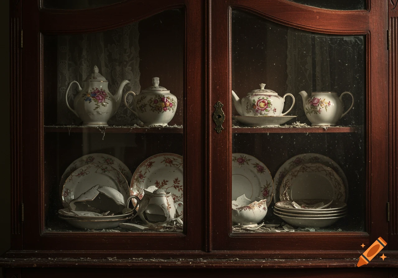 A photorealistic image of a dusty wooden china cabinet with intact teapots on the top shelf and broken floral dishes below.