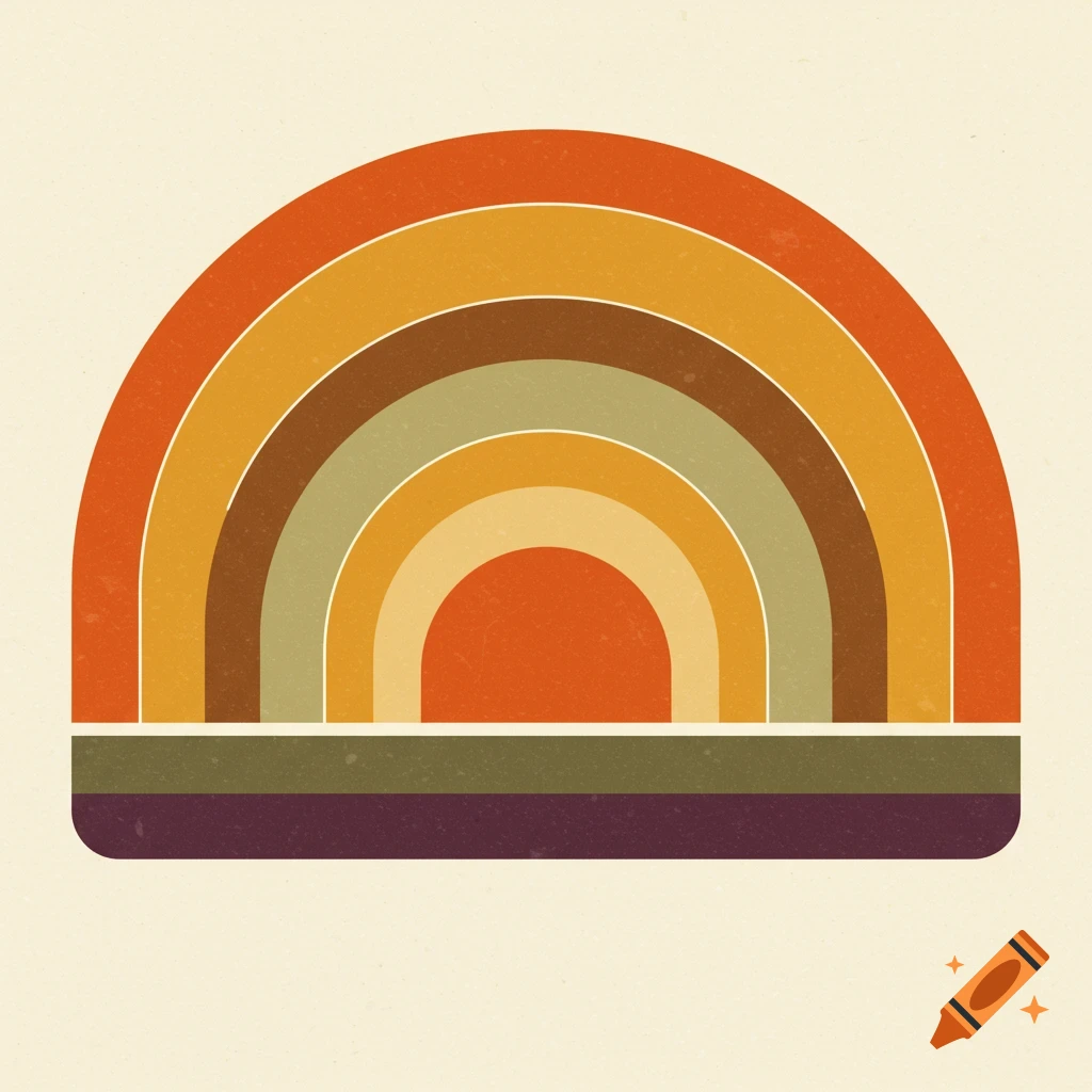 A retro-styled graphic of a half-circle design with various warm-toned curved bands on a cream background.