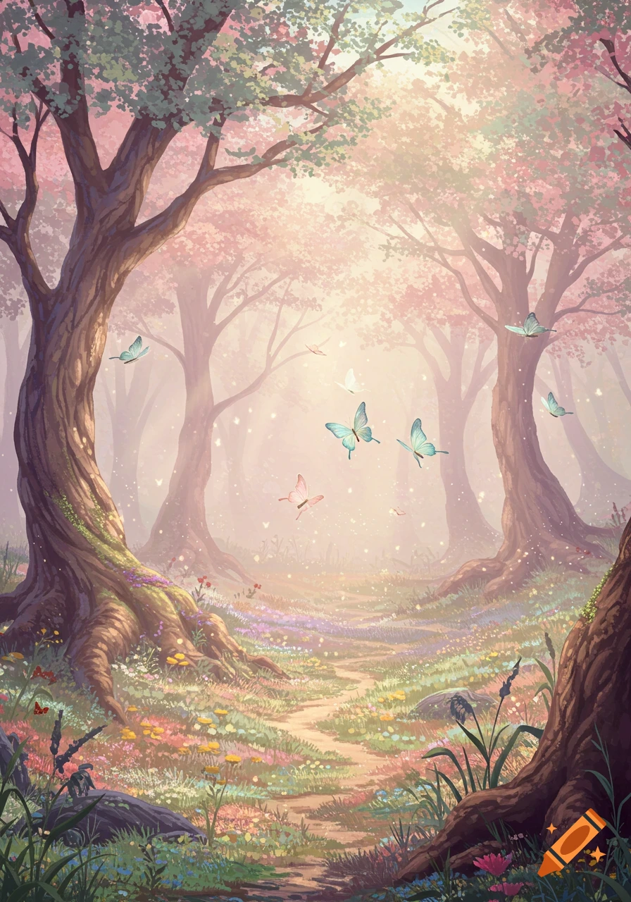 A magical forest path with flowering trees and colorful butterflies, bathed in soft, ethereal light, in a whimsical fantasy art style.