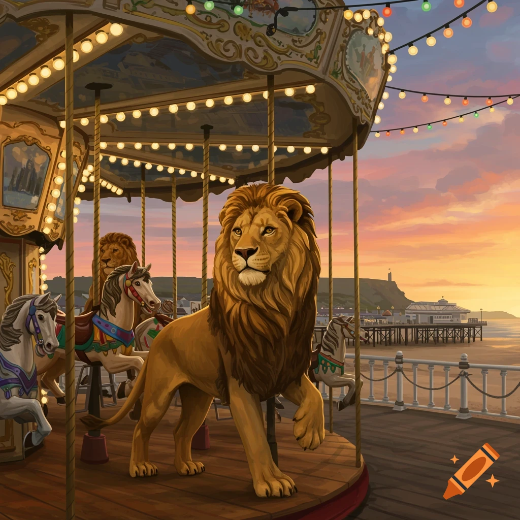 A majestic lion on a carousel ride at a seaside pier during sunset. Other carousel animals and a distant lighthouse are visible.