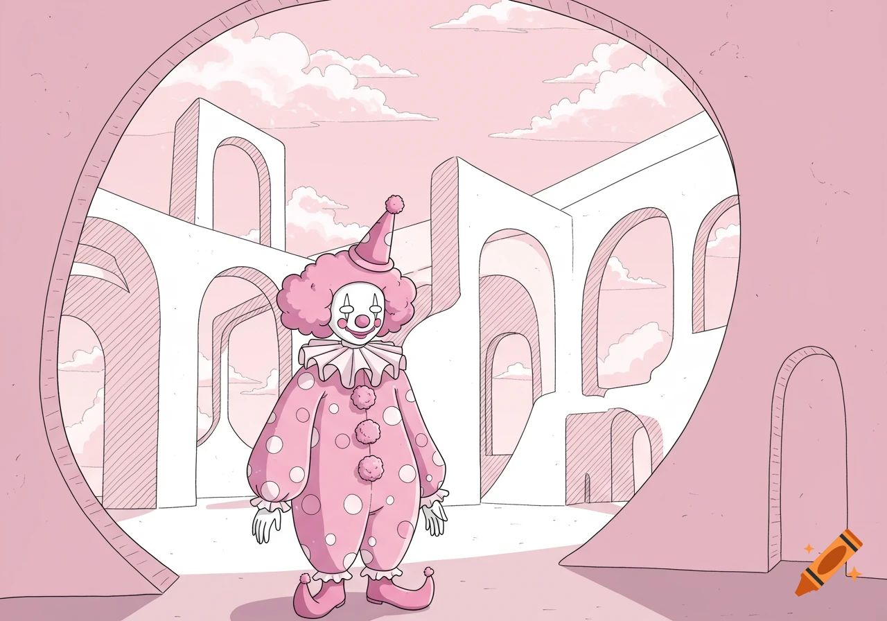A pink clown stands in a minimalist pink liminal space with white arches and light pink clouds, in a line art style.