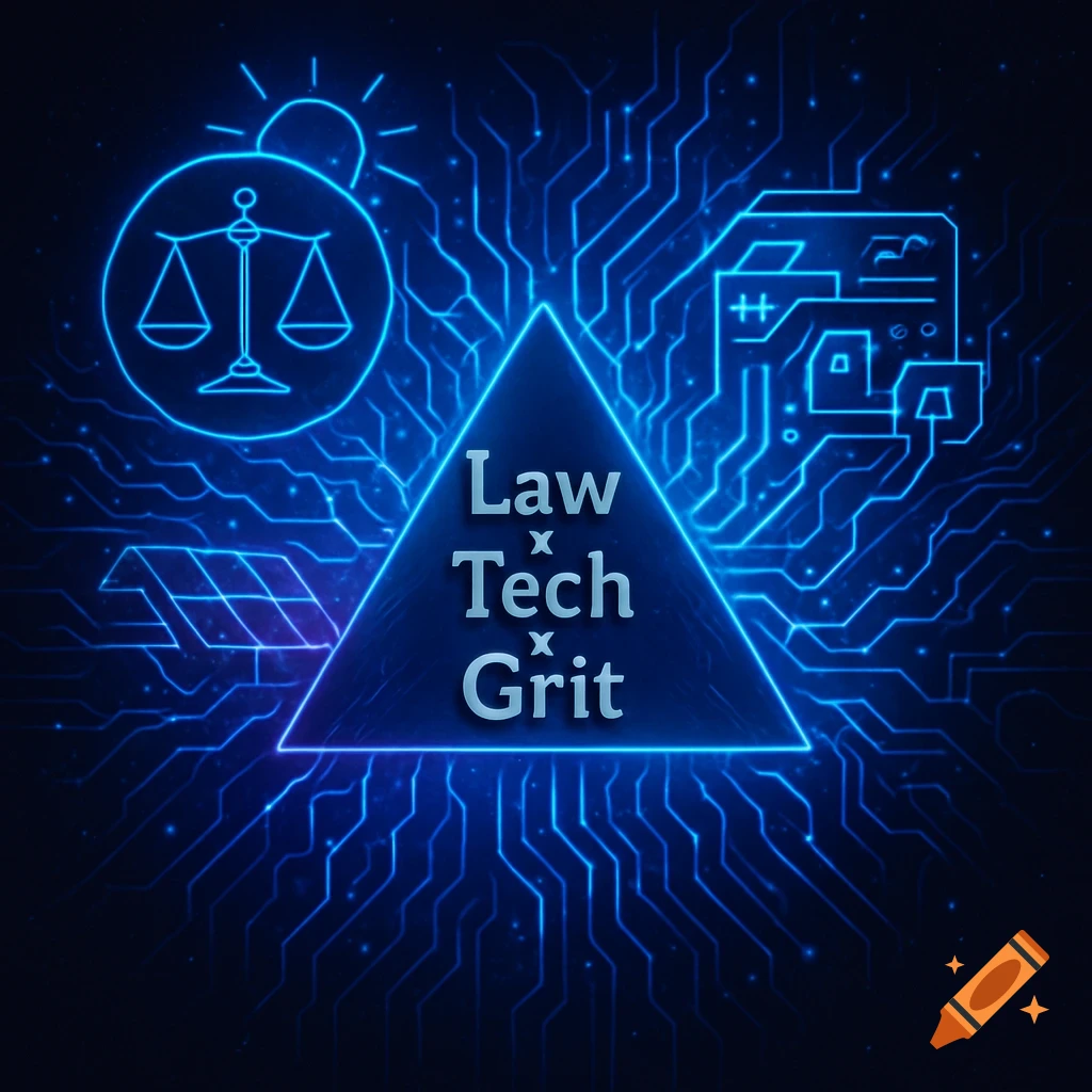 Neon blue digital illustration with circuit board patterns, featuring a glowing triangle containing the text 'Law x Tech x Grit', with a scale of justice and tech symbols.