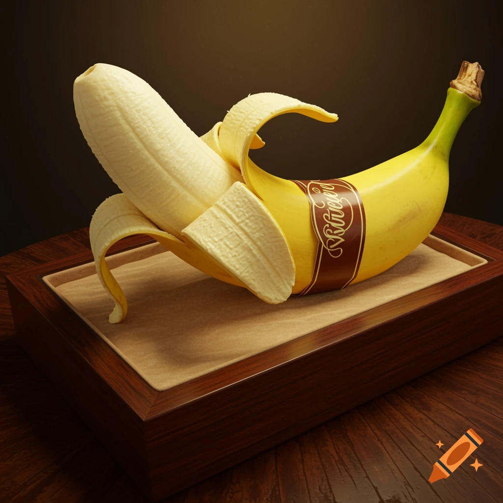 A partially peeled banana with a brown label on its peel, resting on a beige tray within a wooden box on a wooden table.