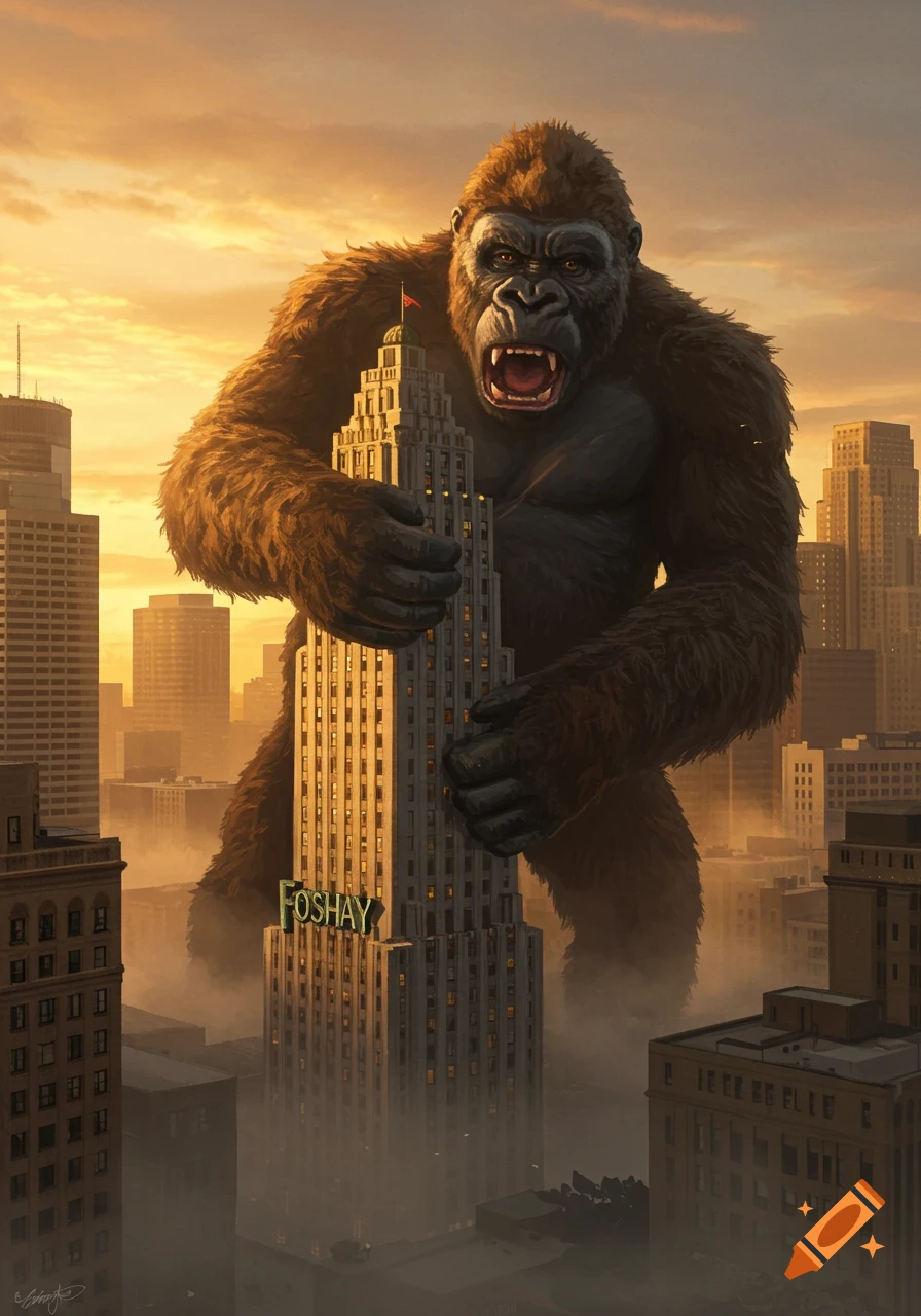 A giant ape, King Kong, looms over a city at sunset, holding the Foshay Tower. The sky is golden, and the city is hazy.