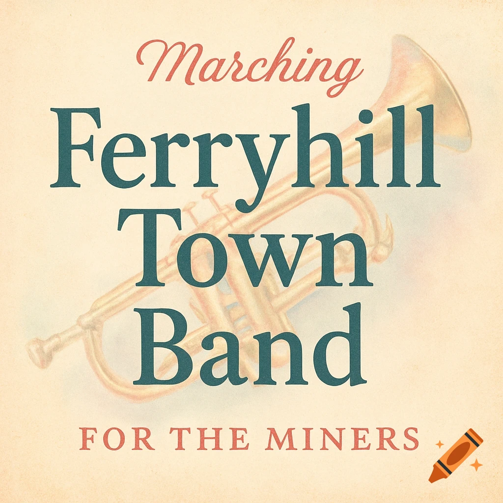 Vintage poster-style image with 'Marching Ferryhill Town Band FOR THE MINERS' text over a faded trumpet.