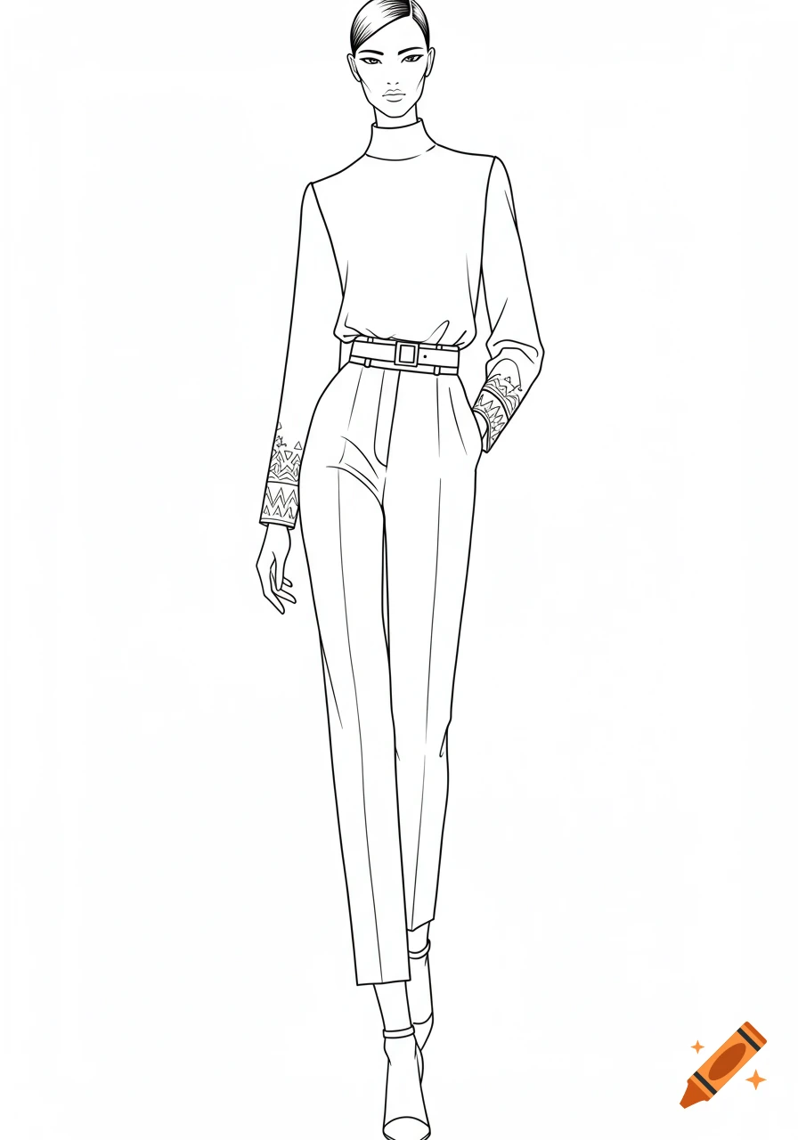 Line art sketch of a female fashion model in a high-neck top, belted high-waisted pants, and ankle boots.