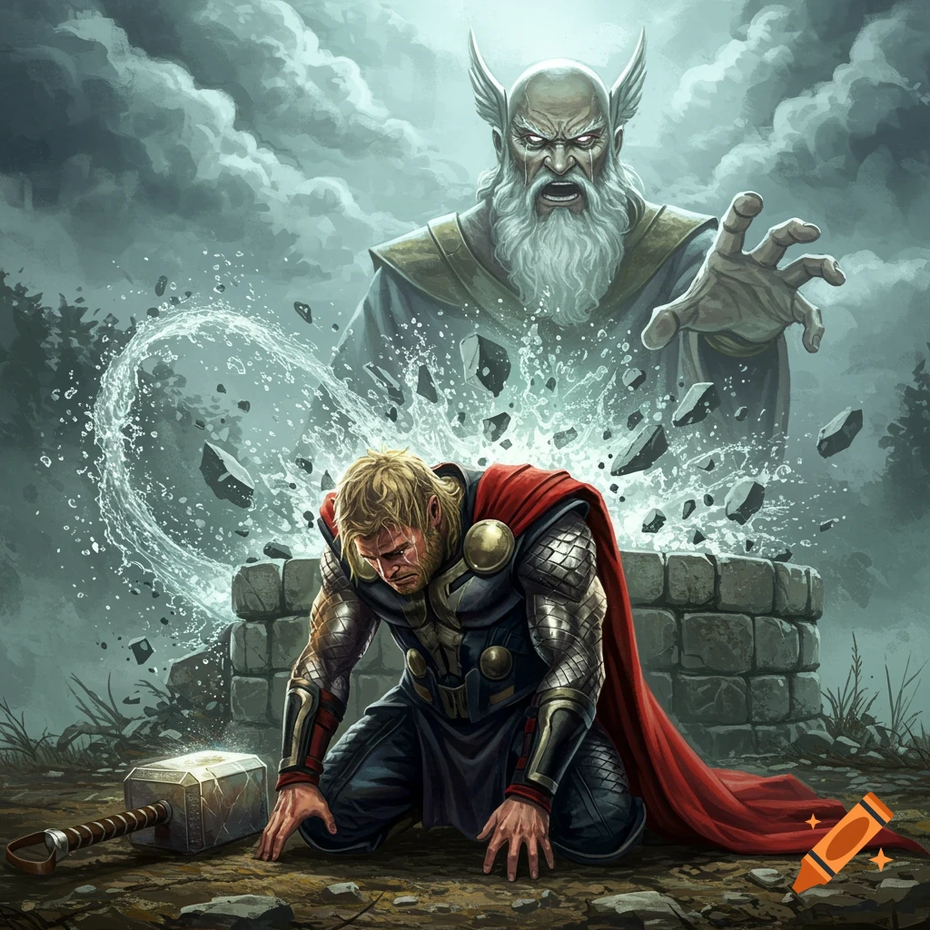 Thor sobs on his knees beside a broken well as a looming, angry Odin appears behind him, shattering the well with water and debris.