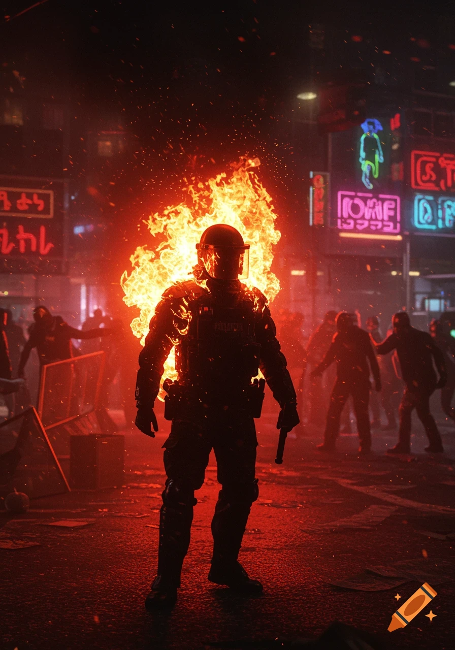 A riot policeman, partially engulfed in flames, stands stoically amidst a chaotic night riot on a neon-lit city street.