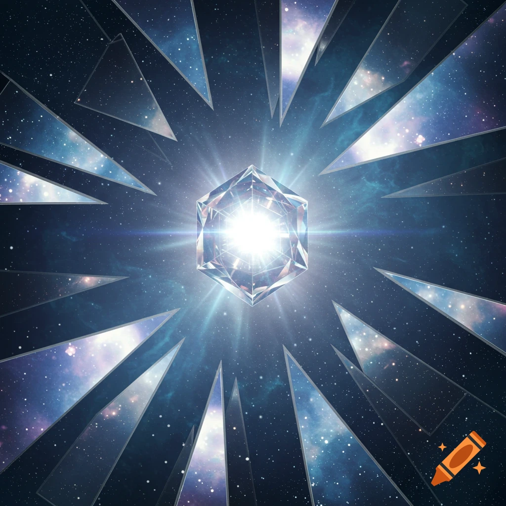 A bright, glowing hexagonal diamond-like crystal is surrounded by sharp, triangular shards reflecting a starry blue and purple cosmic background.
