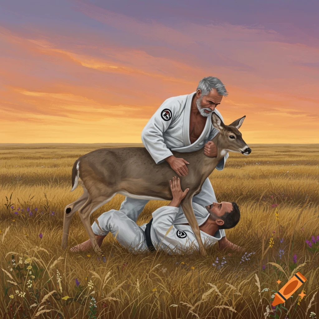 Two men in white jiu-jitsu gis grappling with a deer in a grassy field at sunset, painted in an illustrative style.