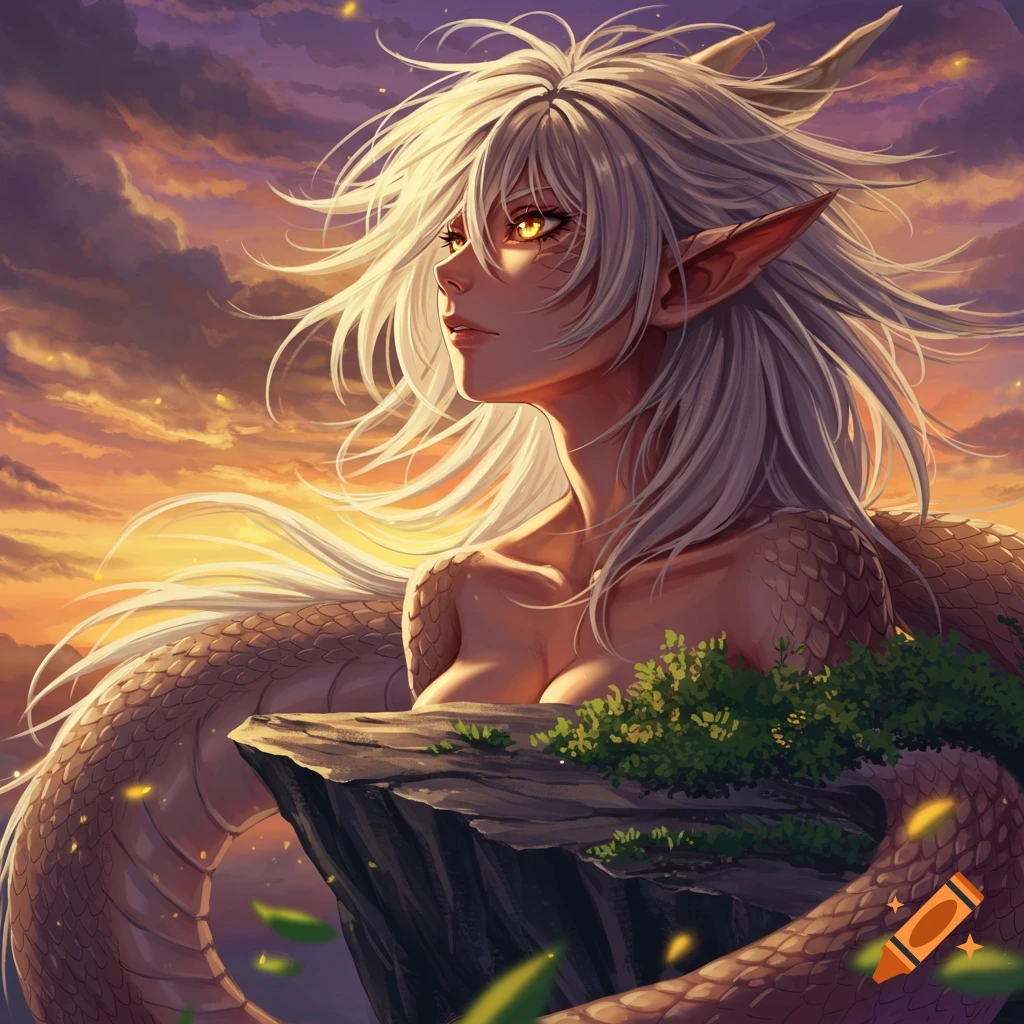 An anime-style female character with white hair, golden eyes, and dragon features looks out over a sunset landscape from a cliff.