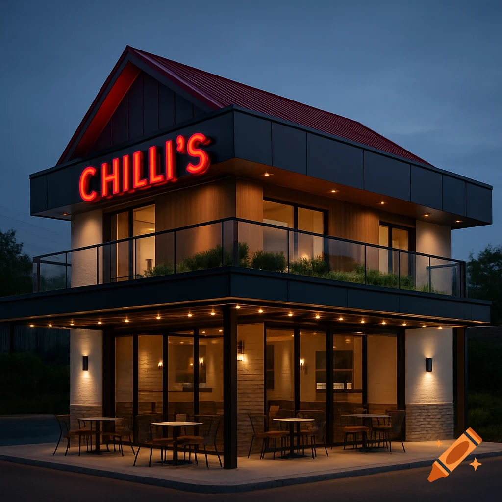 A modern two-story restaurant named Chilli's with a red roof, black steel, and warm lights at dusk, featuring outdoor seating.