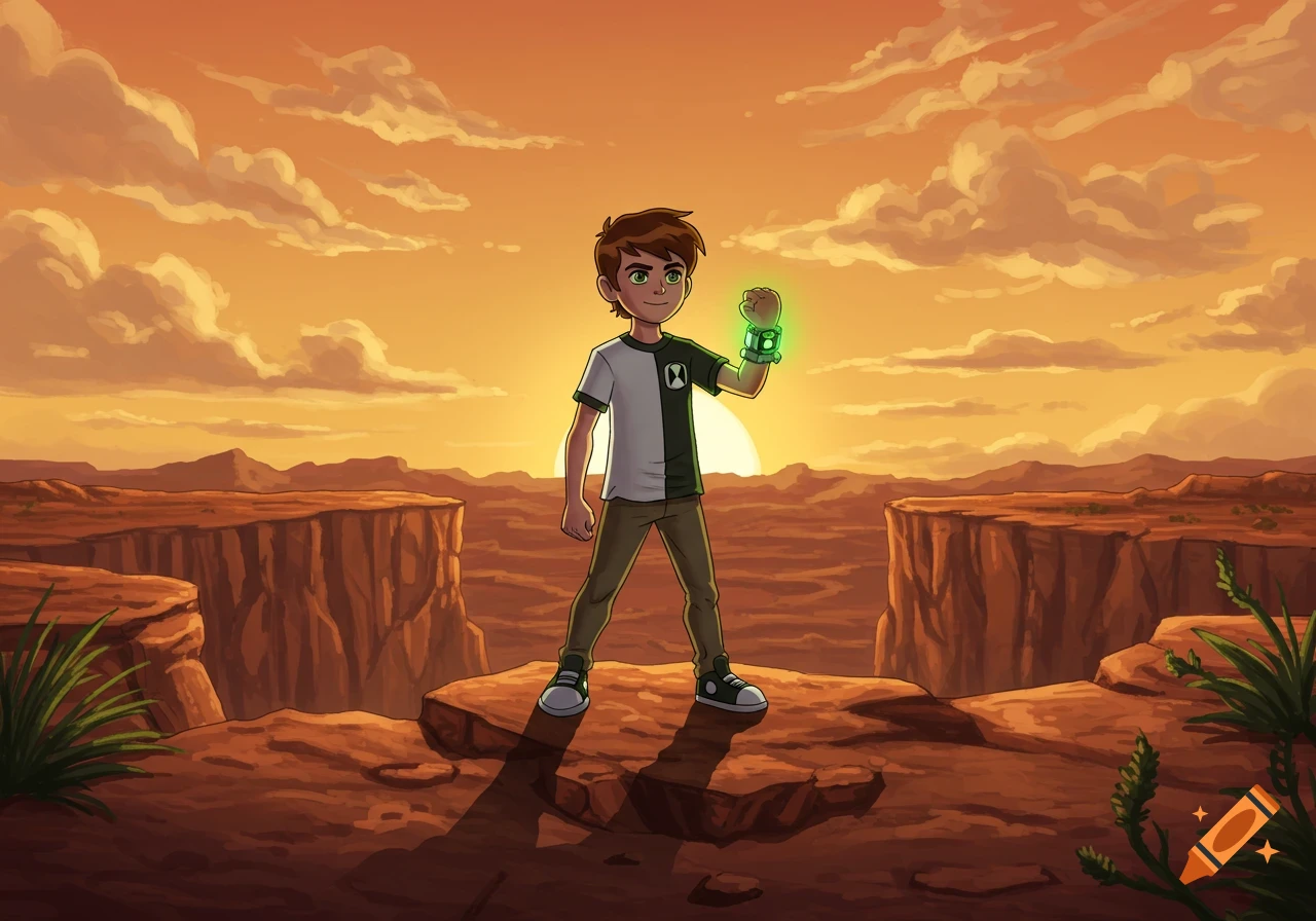 Cartoon character Ben 10 stands on a cliff in a desert canyon at sunset, his Omnitrix glowing on his wrist.