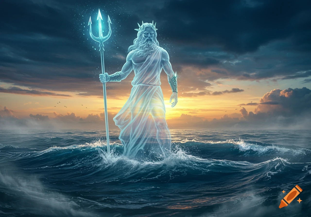 A glowing, transparent Poseidon stands in a stormy sea, holding a bright trident, with a sunset sky in the background.