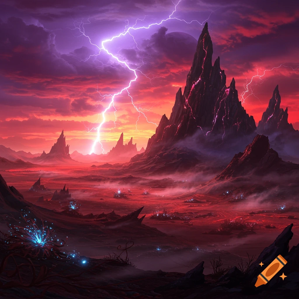 A dramatic alien landscape with jagged dark mountains under a fiery red and purple sky with lightning, and glowing blue flora on the red ground.
