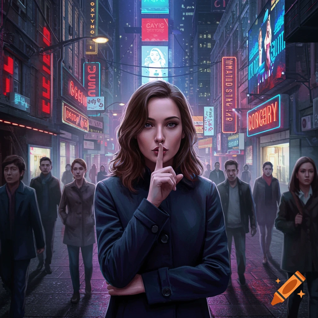 A woman in a dark coat with a finger to her lips stands on a neon-lit cyberpunk city street at night, signaling silence to a crowd.