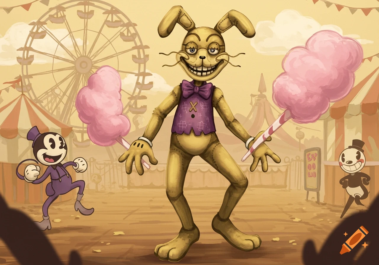 Glitchtrap, a grinning yellow rabbit character, stands at a vintage-style carnival with two dancing cartoon characters and a Ferris wheel.